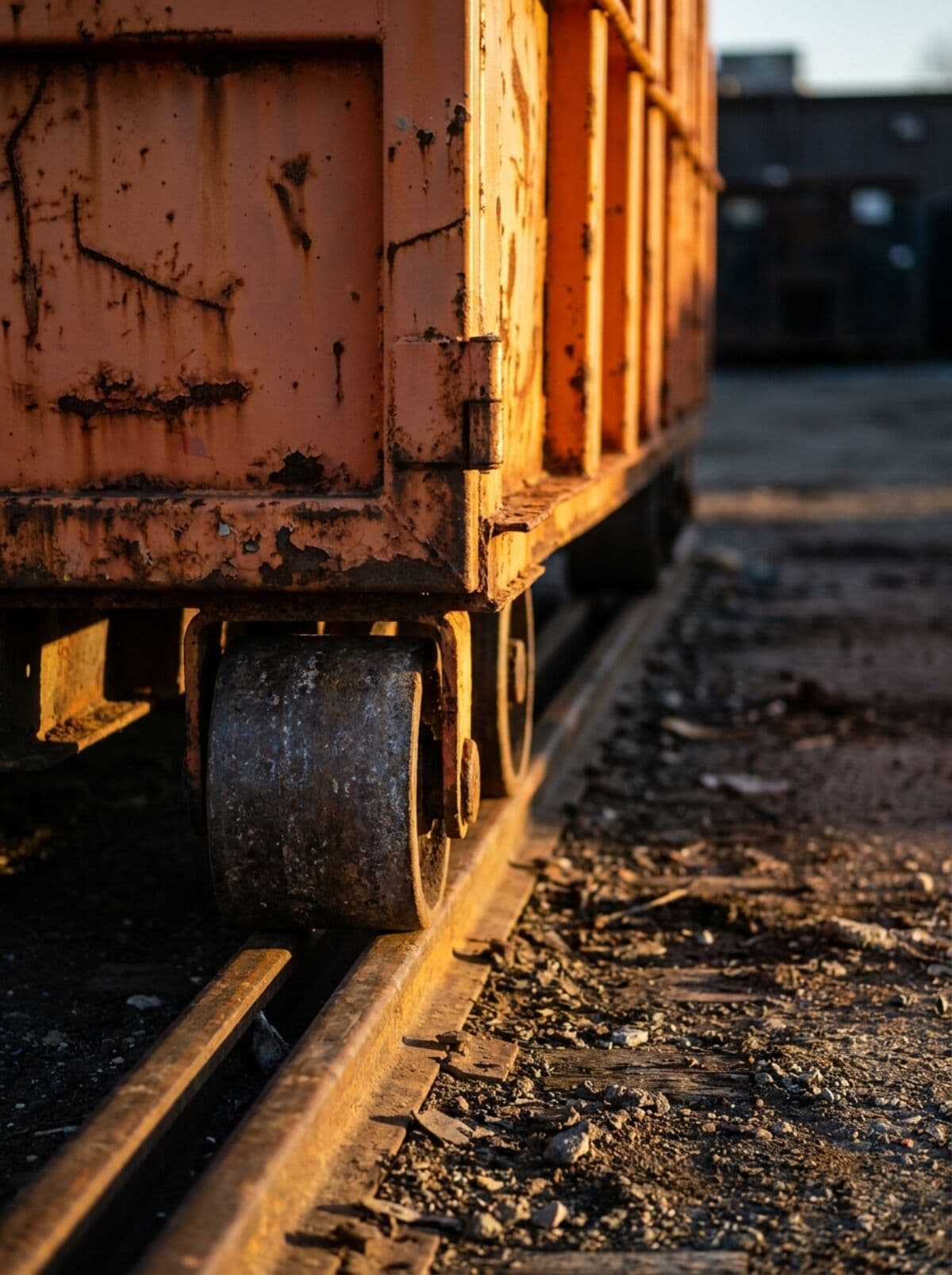Close-up of the steel rail and roller on an orange roll-off container at dusk